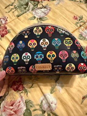 Consuela Black Half-Moon Cosmetic Pouch with Multicolored Sugar Skulls